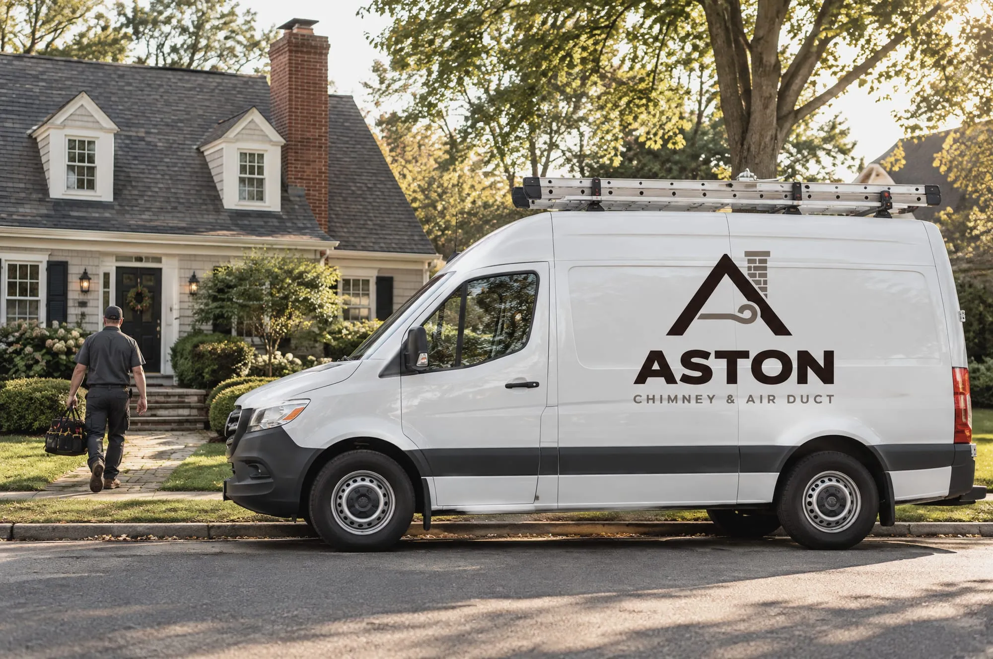 Aston service van parked outside a Massachusetts home